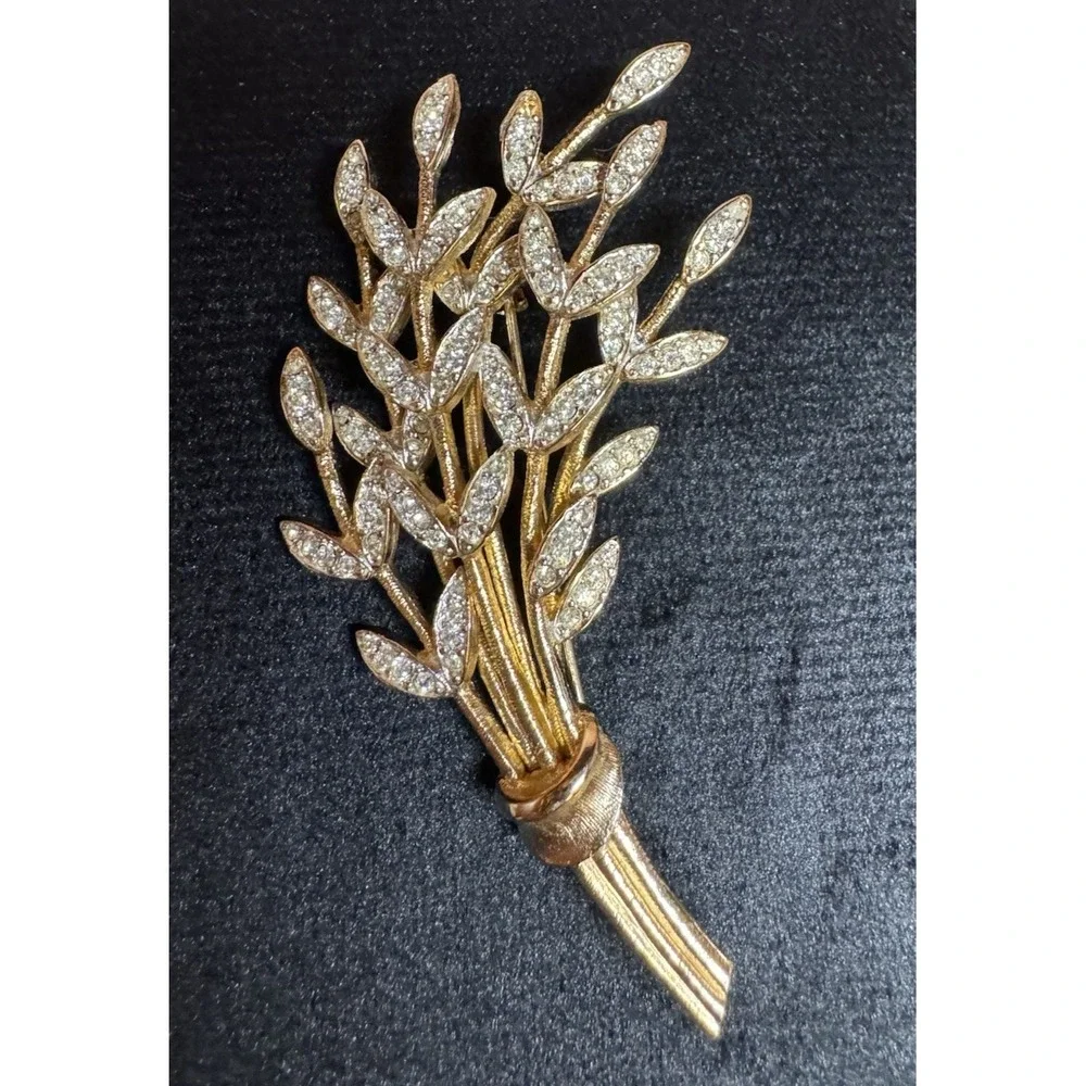 Vintage‎ Rhinestone Wheat Sheaf Brooch Gold Tone Floral Bouquet Pin